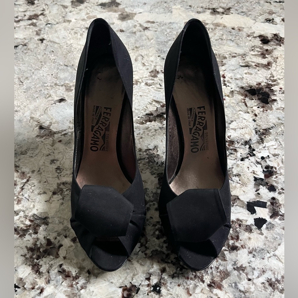 Salvatore Ferragamo Women's Black Satin Peep-Toe Heels